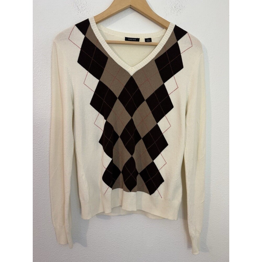 Nadine Sweater Women’s V-Neck Argyle Ivory Brown Large Rayon Fall Menswear L